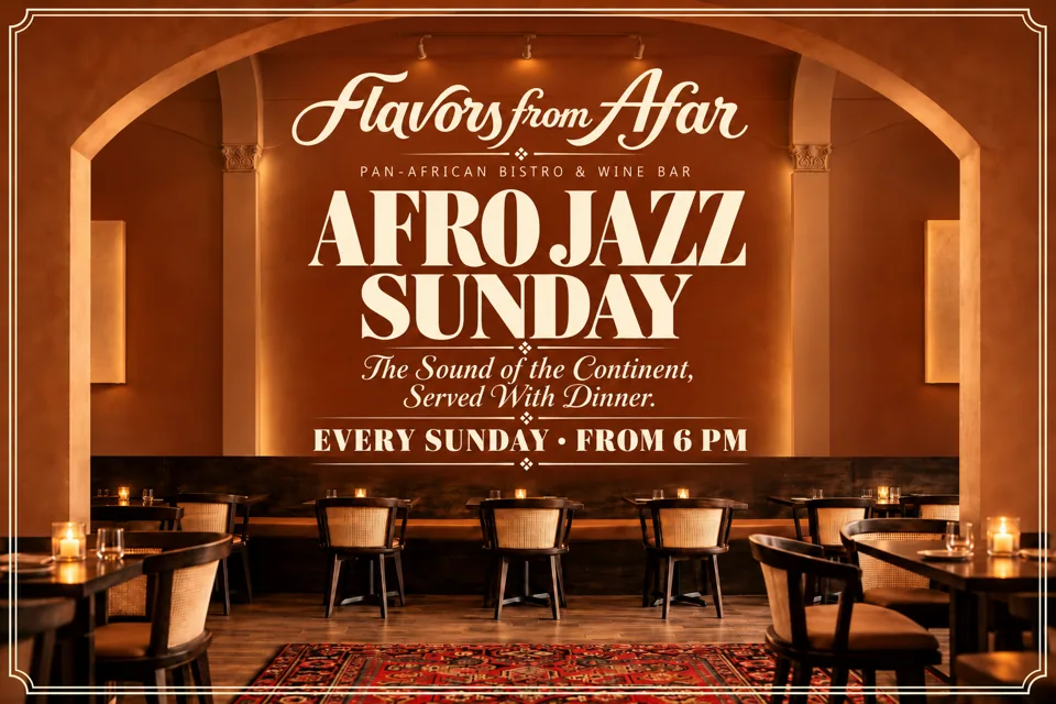 Afro Jazz Sunday flyer at Flavors From Afar: every Sunday from 6 PM.