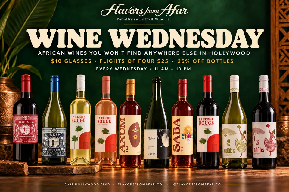 Wine Wednesday at Flavors From Afar: every Wednesday, 11 AM–10 PM; glasses $10, flights of four $25, and 25% off bottles.