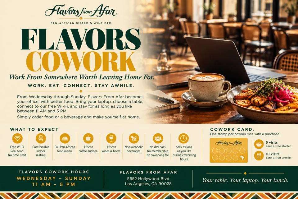 Flavors Cowork flyer: Wednesday–Sunday, 11 AM–5 PM. Free Wi-Fi, food and drinks; one Cowork Card stamp per visit with a purchase, with rewards at 5 and 10 visits.