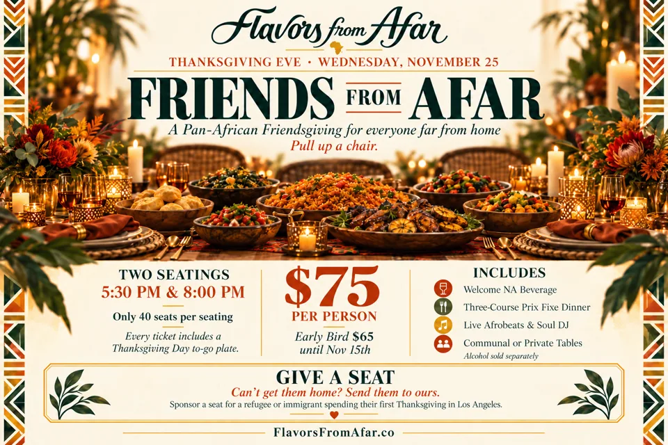 Friends From Afar Friendsgiving flyer: November 25, seatings at 5:30 and 8 PM; $75 per person, $65 early bird until November 15.