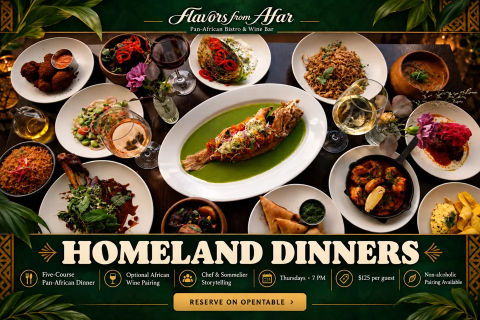 Homeland Dinners flyer featuring Pan-African dishes and wine, Thursdays at 7 PM.