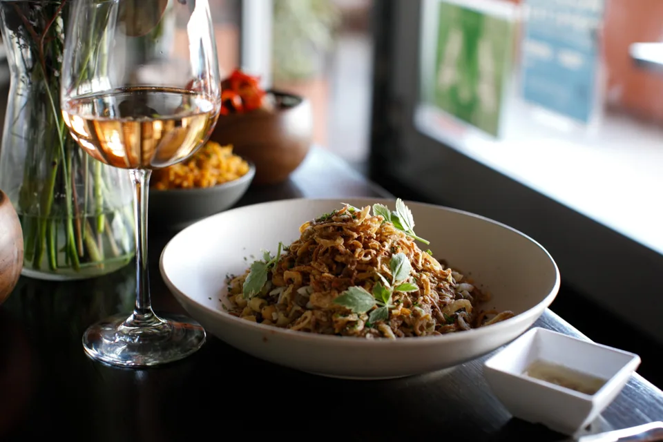 Koshari topped with crispy shallots
