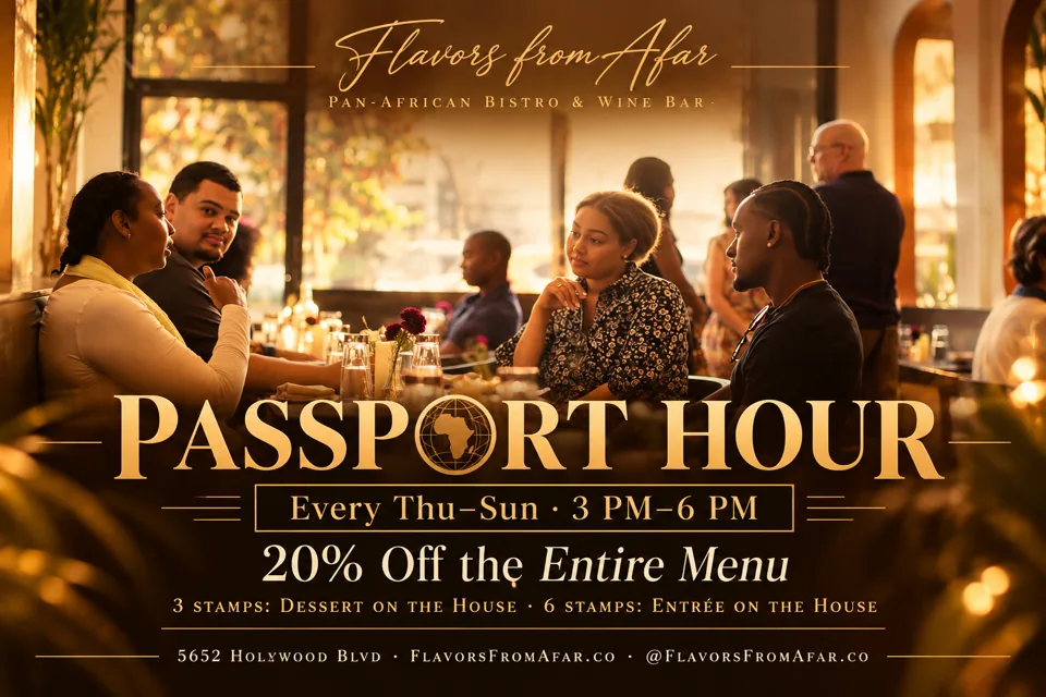 Passport Hour flyer at Flavors From Afar: Thursday through Sunday, 3–6 PM, with 20% off the entire menu.