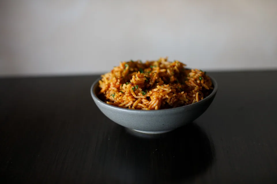 Jollof rice in a ceramic bowl